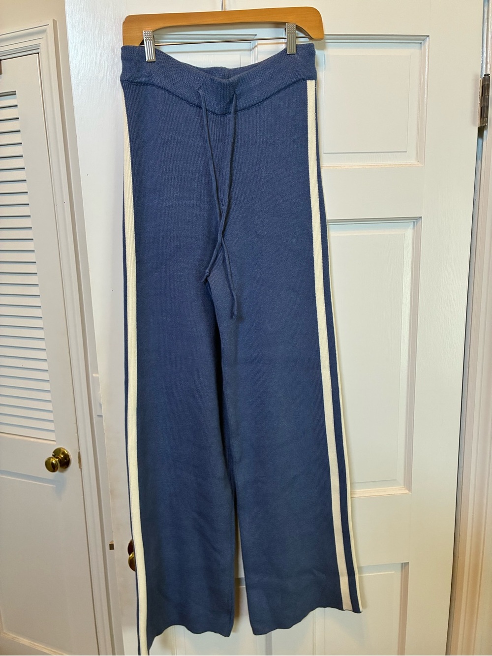 Blue Knit Wide-Leg Pants with Side Stripes
